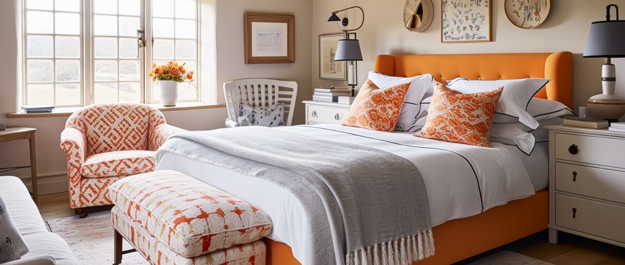 Bedroom with bright colored bedframe and accent furniture with three windows.