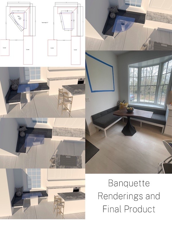 Banquette Renderings and Final Product by JM Window Treatments & Design